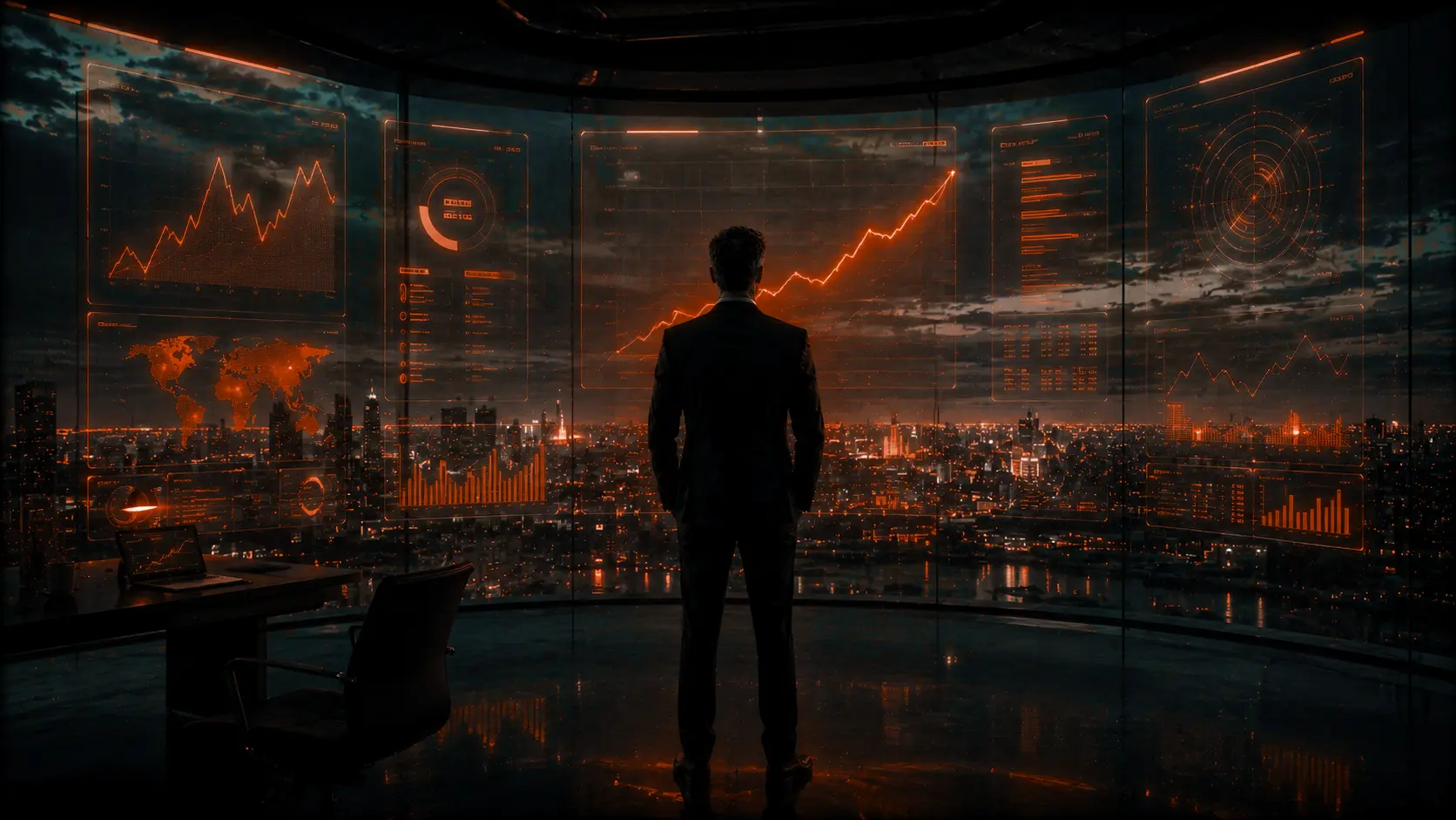 Mann blickt aus einem Penthouse-Büro über eine nächtliche Stadt. Vor ihm ein Cockpit-artiges Display mit leuchtenden Charts, Trend-Kurven, Welt-Karten und BWA-Visualisierungen. Symbolik für Buchhaltung, die zum aktiven Steuerungsinstrument wird, statt nur Vergangenheit zu dokumentieren.