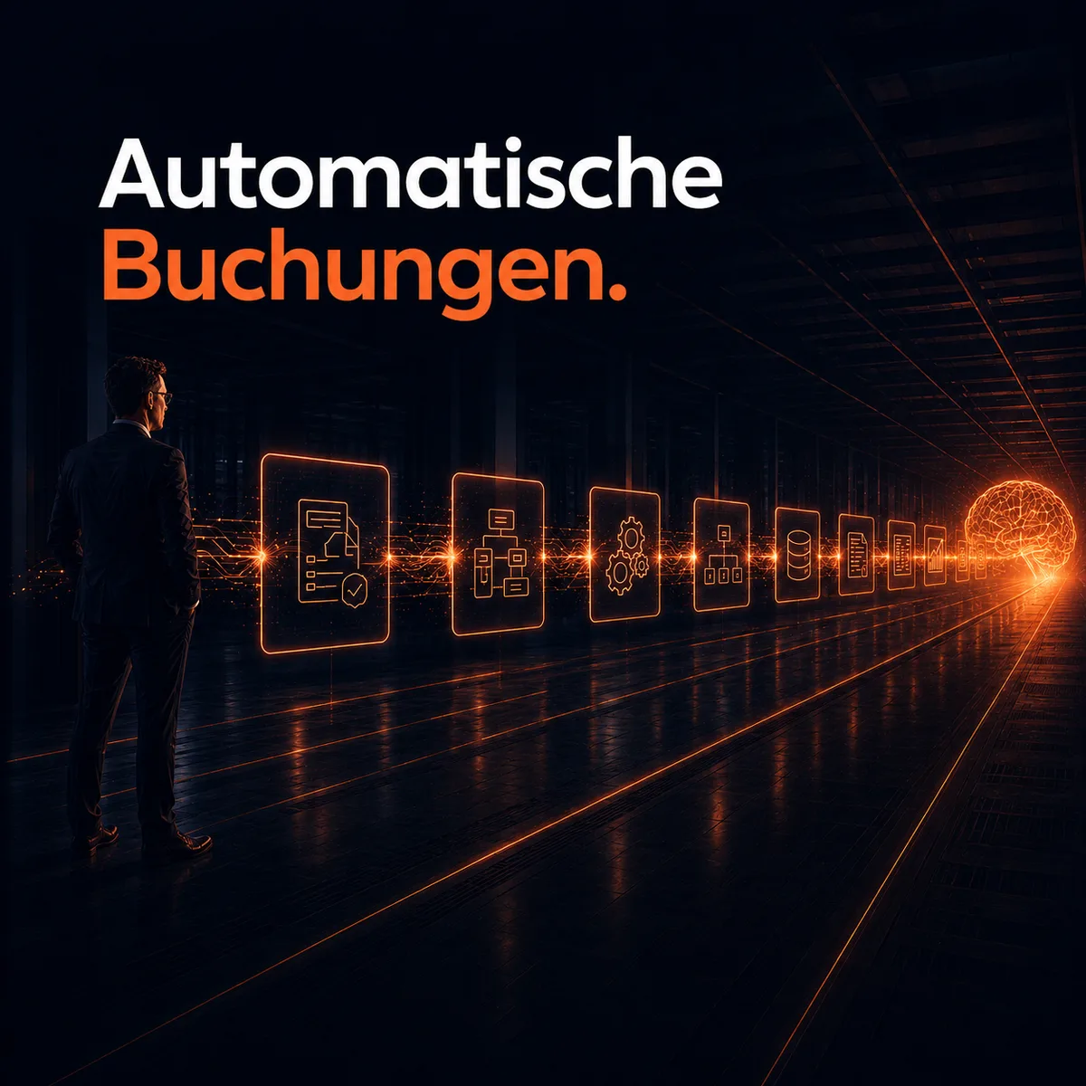 Mann steht im verdunkelten Korridor, eine kupferfarbene Linie verläuft horizontal durch eine Reihe von Buchhaltungs-Symbolen (Belege, Dokumente, Zahnräder, Schlösser) und endet rechts in einem leuchtenden Gehirn-Symbol. Symbolik: Automatisierung beginnt nicht mit KI, sondern mit klassischen Automatikbuchungen — KI kommt erst am Ende der Kette.