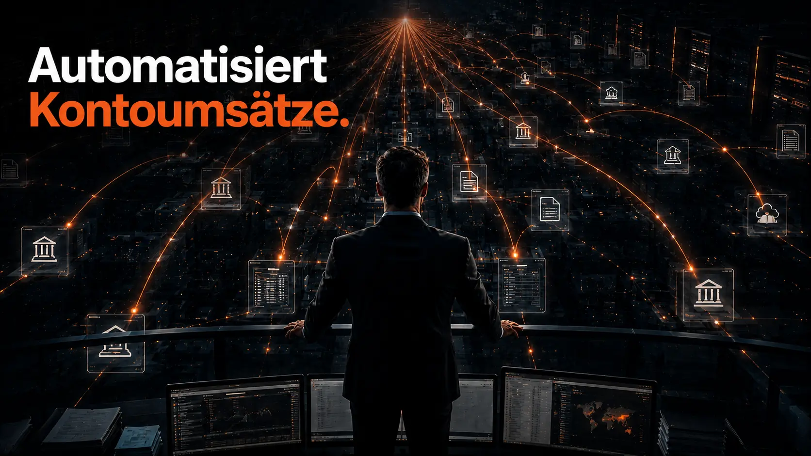 Visualisierung eines automatisierten Bank-Datenstroms: aus einer Banken-Wolke fließen kupferfarben leuchtende Transaktionen direkt in ein zentrales Verbuchungs-System, das daraus saubere Buchungssätze erzeugt. Symbolik für tagaktuelle Bankumsätze, die ohne manuellen Import verbucht werden.