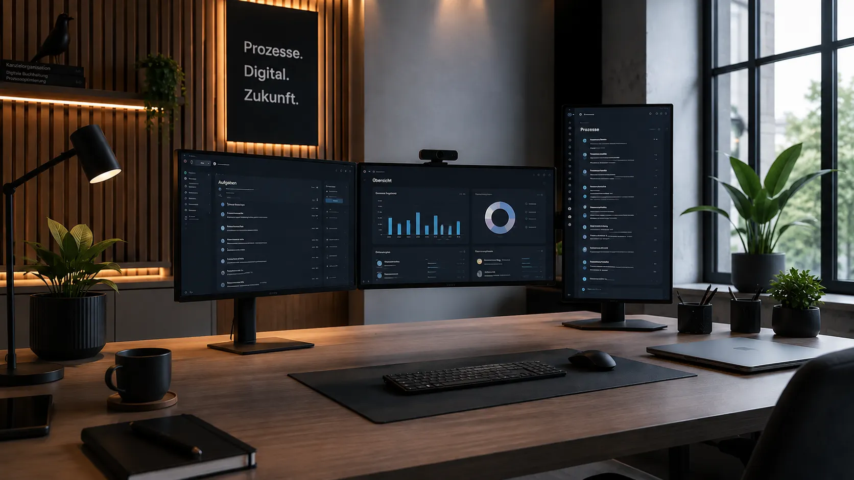 Digitaler Prozess: aufgeräumter Arbeitsplatz mit Dashboards