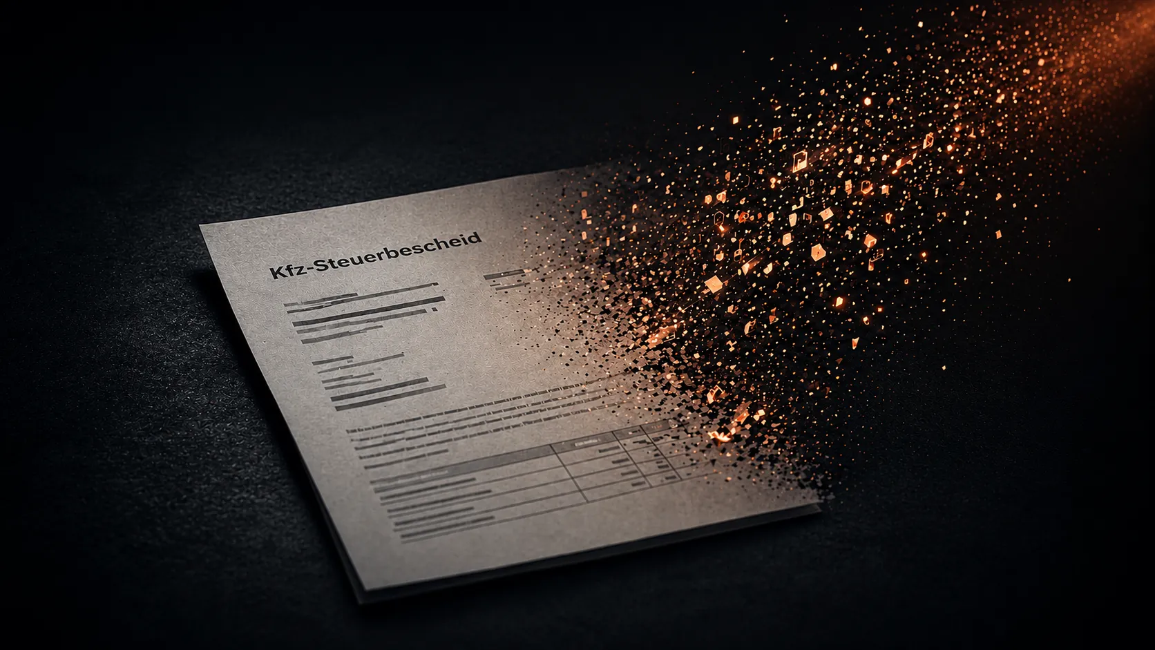 Ein Kfz-Steuerbescheid auf dunklem Untergrund, dessen rechte Hälfte sich in kupferfarbene Partikel auflöst – Symbol für die Überführung der Papier-Information in einen strukturierten Datensatz im Buchhaltungssystem.