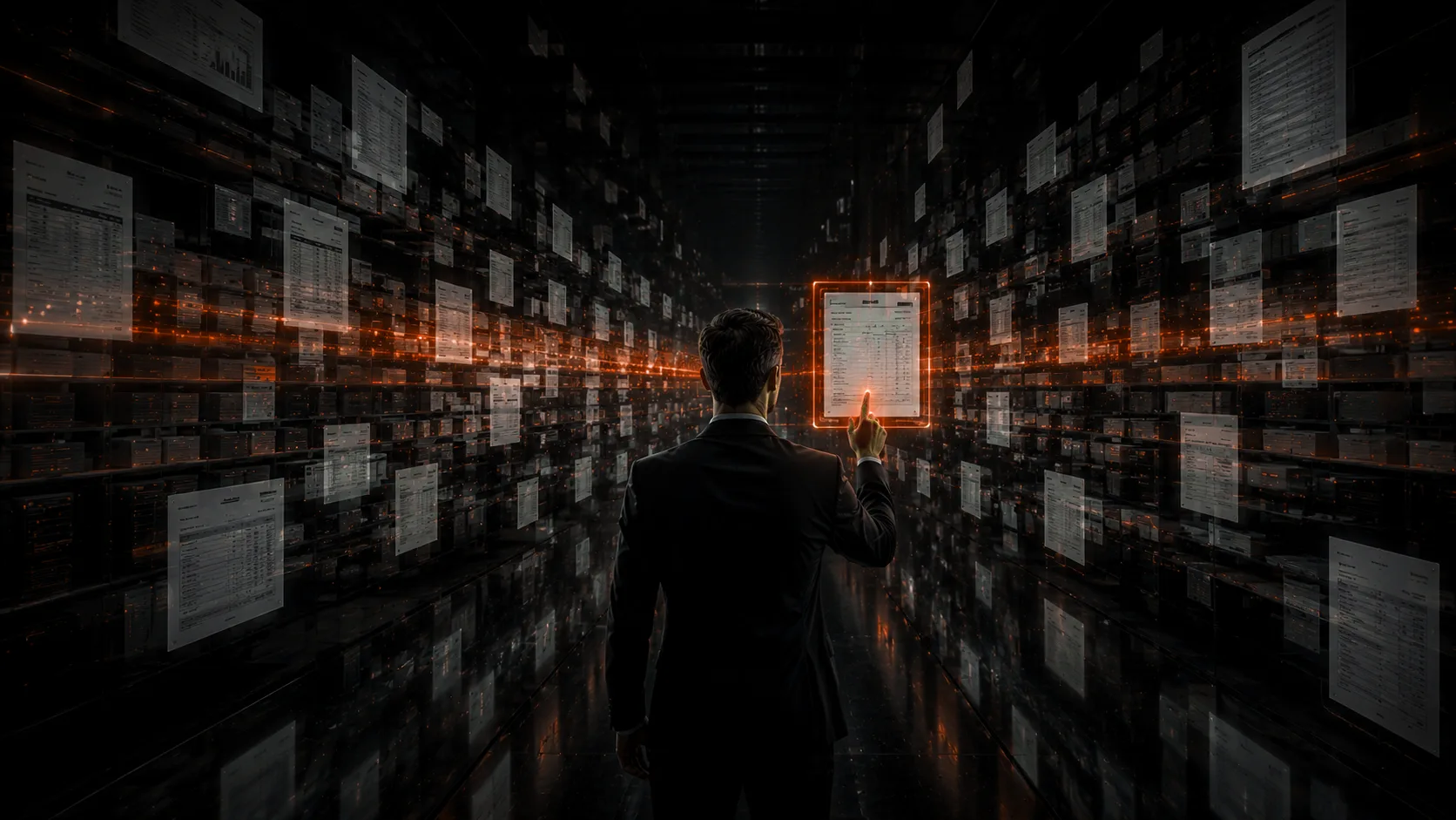 Mann steht in einem Korridor aus schwebenden Belegen und tippt auf einen zentralen leuchtenden Beleg auf einem digitalen Display. kupferfarbene Akzente überall, ringsum hunderte schwebende Dokumente. Symbolik für den Moment, in dem die Belegverarbeitung von der manuellen Eingabe zur automatischen Auswertung kippt.