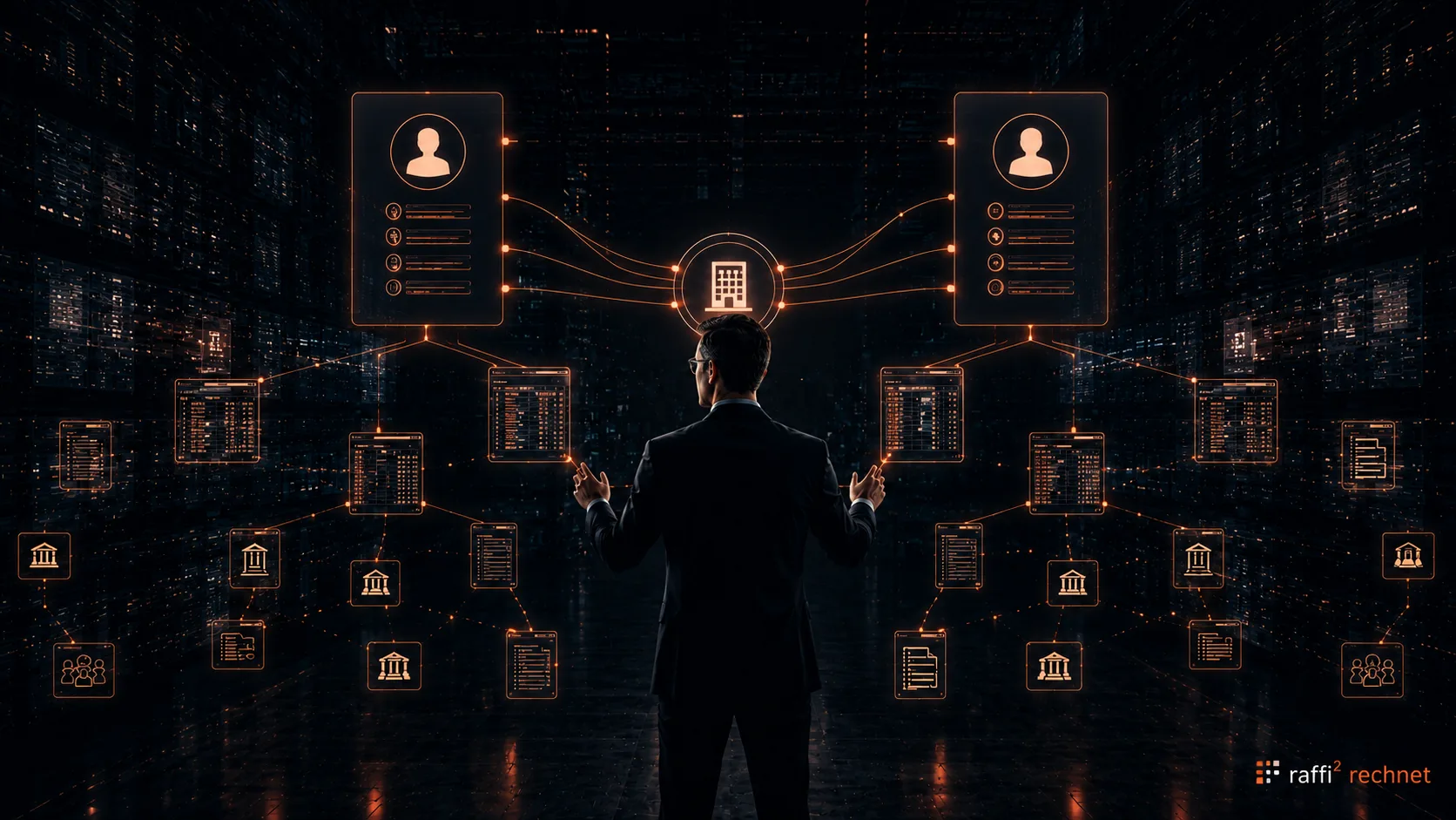 Person steht vor zwei identischen Personenkonten-Karten, die über einen zentralen Knoten mit Gebäude-Icon und verzweigten Konten- und Belegbäumen verbunden sind. Kupferfarbene Linien und Akzente heben die Dopplung hervor. Symbolik für doppelte Personenkonten als versteckten Effizienzkiller in der Stammdaten-Pflege.