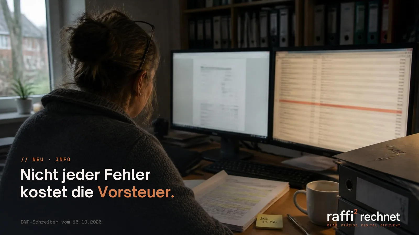 Buchhalterin prüft am Schreibtisch eine E-Rechnung mit Validierungsbericht auf dem Bildschirm, daneben das ausgedruckte BMF-Schreiben mit Klebezettel bis 31.12.