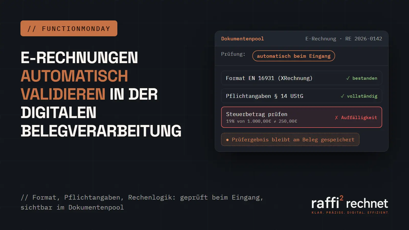 Prüfprotokoll einer E-Rechnung in der Digitalen Belegverarbeitung: Format nach EN 16931 und Pflichtangaben nach § 14 UStG sind bestanden, ein rechnerisch falscher Steuerbetrag wird rot markiert