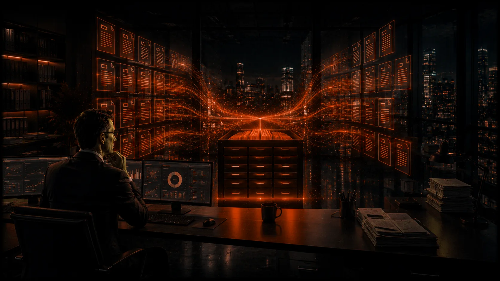 Mann am Schreibtisch vor mehreren Bildschirmen mit Steuer-Auswertungen. Im Hintergrund zwei großformatige kupferfarben leuchtende Datenwände, die zueinander fließen und in einem zentralen Tresor-Symbol konvergieren. Symbolik für die Einkommensteuererklärung, die digital aus verschiedenen Datenquellen automatisch zusammenfließt.