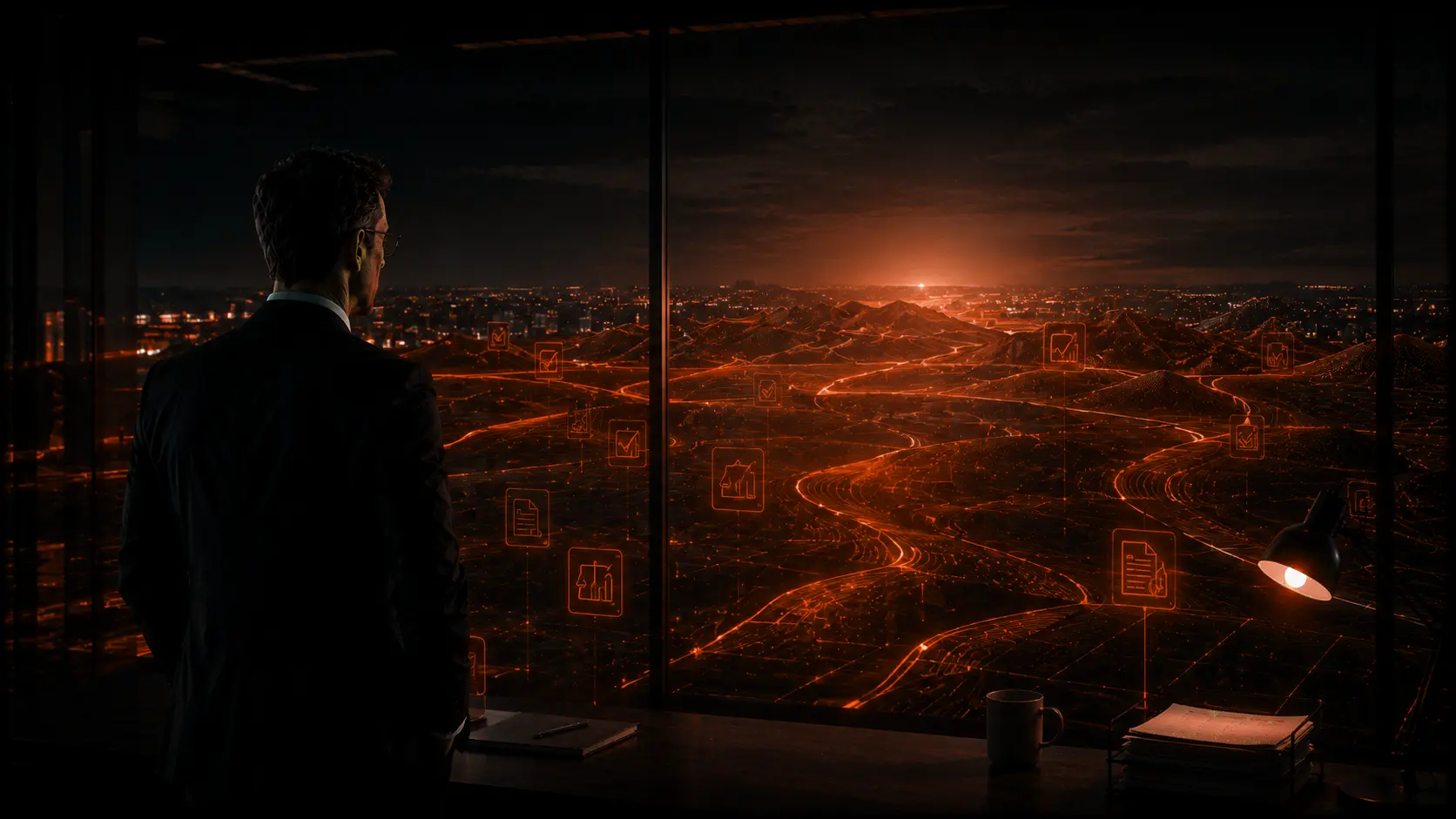 Mann blickt aus einem Büro-Fenster auf eine weitläufige kupferfarben illuminierte Datenlandschaft mit Charts, Wegen und Knotenpunkten. Am Horizont ein Sonnenaufgang. Symbolik für einen klaren Überblick über den Bearbeitungsstand vor einem ruhigen, vorhersagbaren Abschluss.