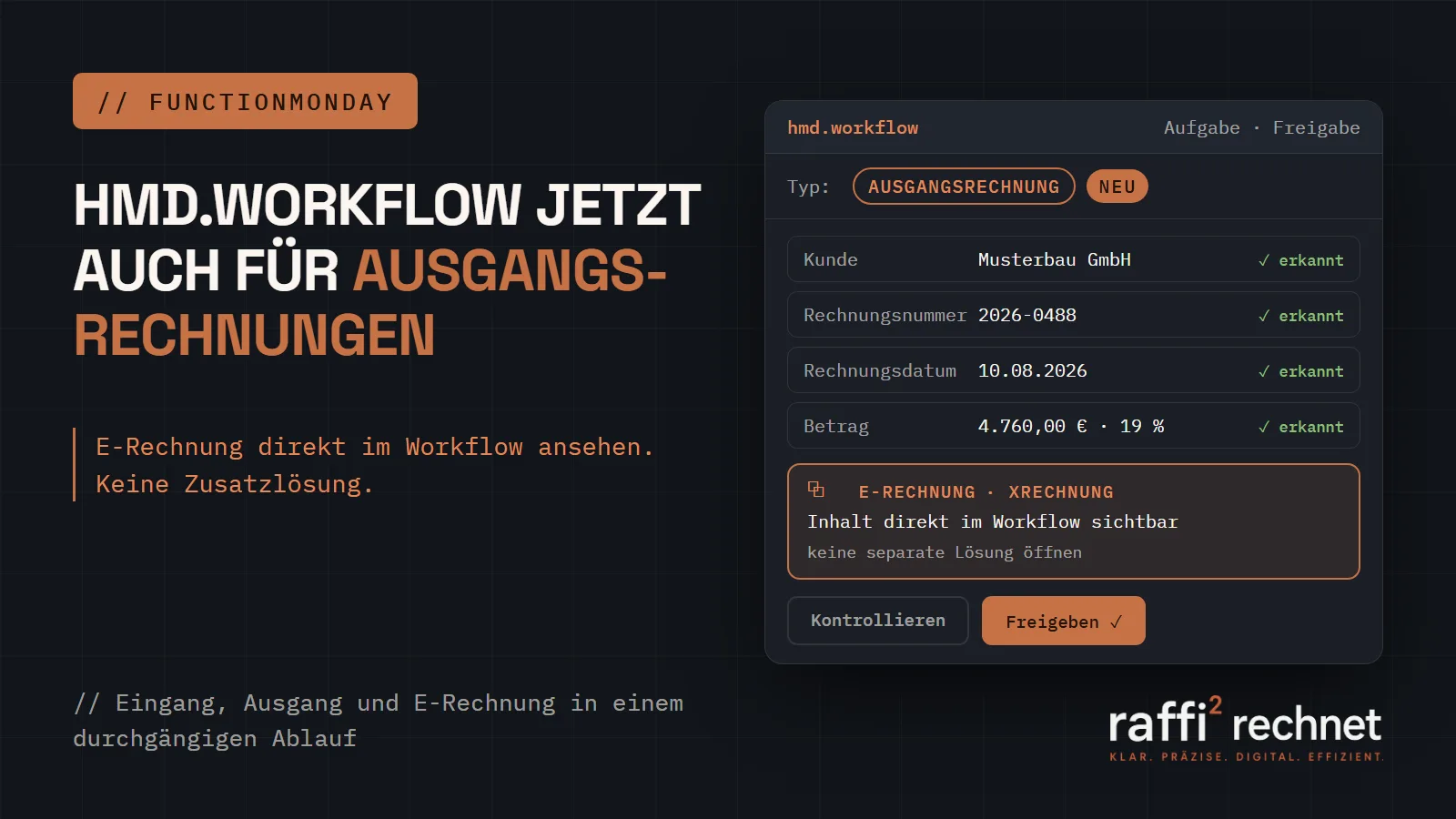 Freigabe-Aufgabe in hmd.workflow: eine Ausgangsrechnung mit automatisch erkanntem Kunden, Rechnungsnummer und Betrag, darunter der Inhalt der E-Rechnung direkt im Workflow sichtbar