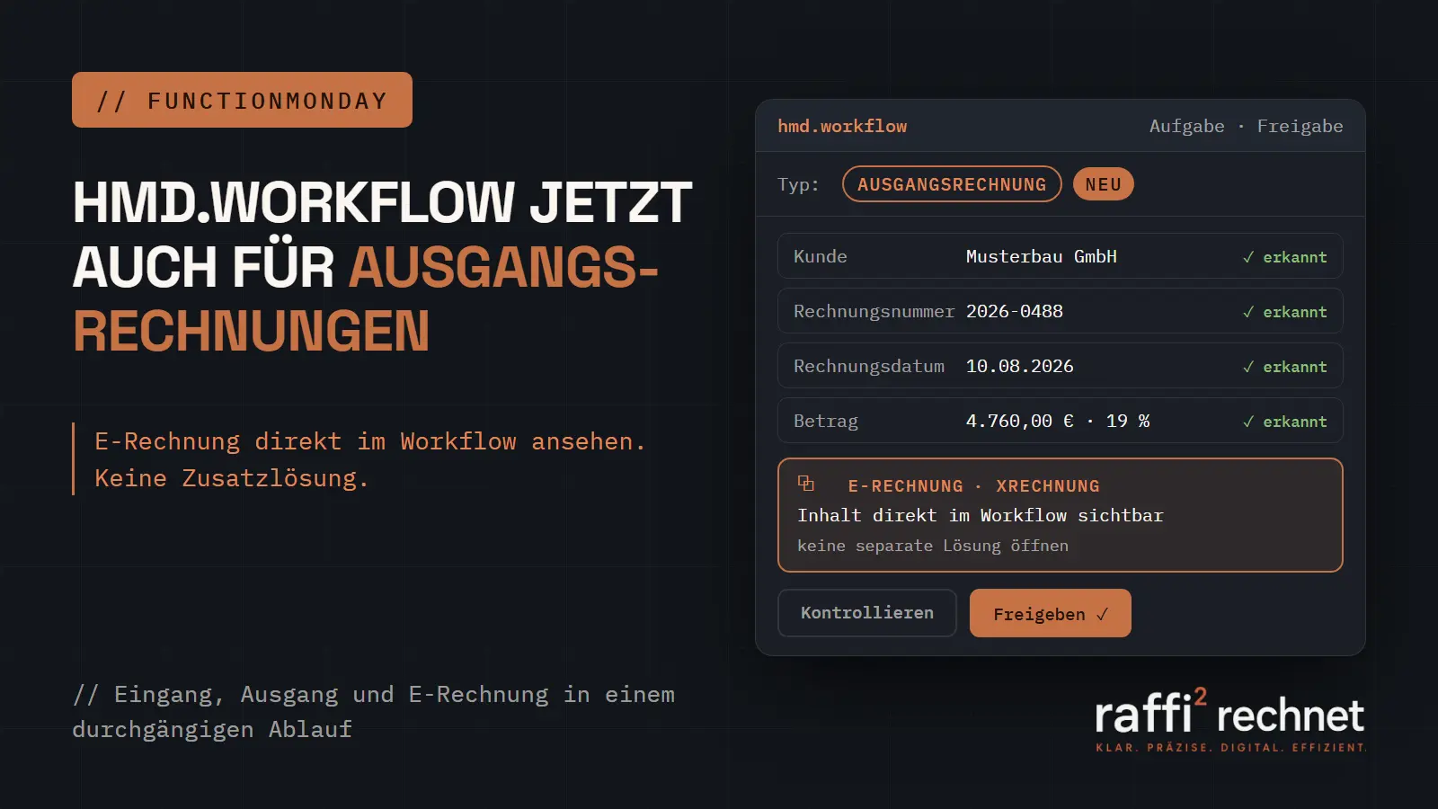 Freigabe-Aufgabe in hmd.workflow: eine Ausgangsrechnung mit automatisch erkanntem Kunden, Rechnungsnummer und Betrag, darunter der Inhalt der E-Rechnung direkt im Workflow sichtbar
