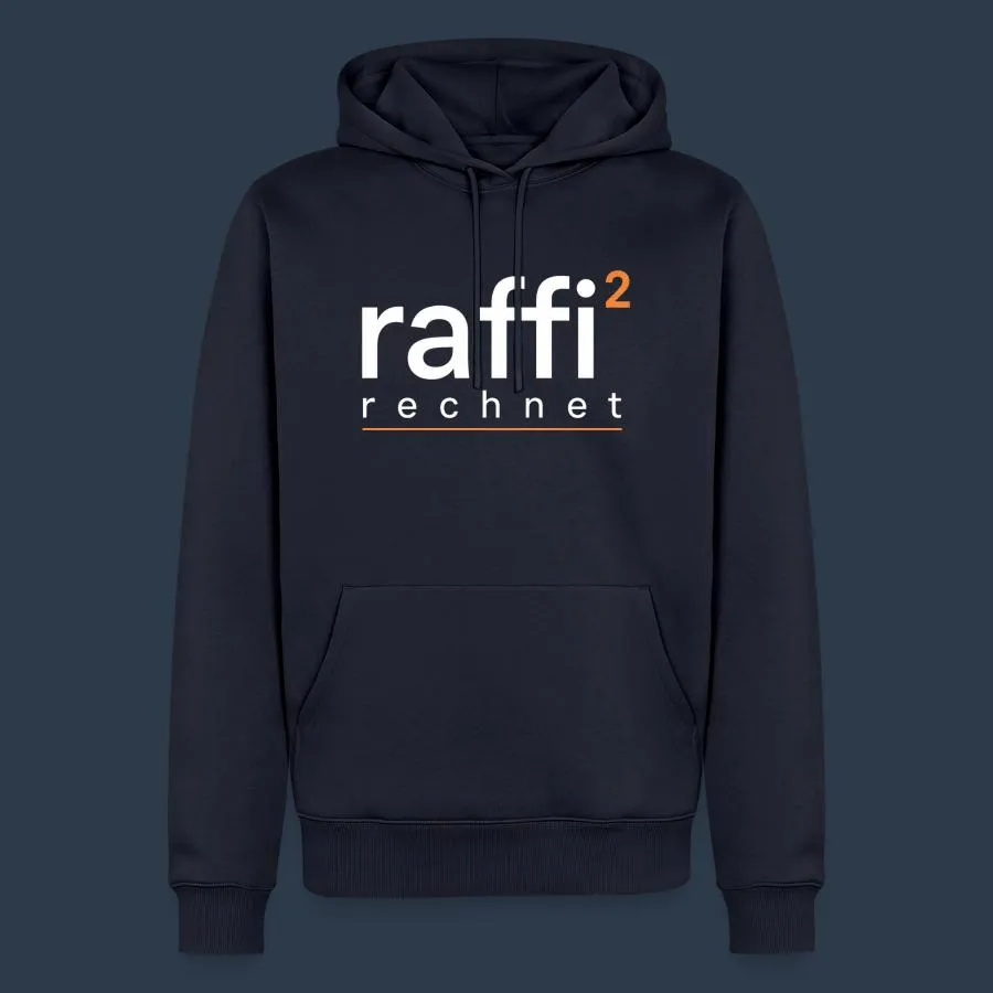 Dunkelblauer Hoodie mit dem Logo raffi² rechnet in Weiß und Kupfer auf der Brust