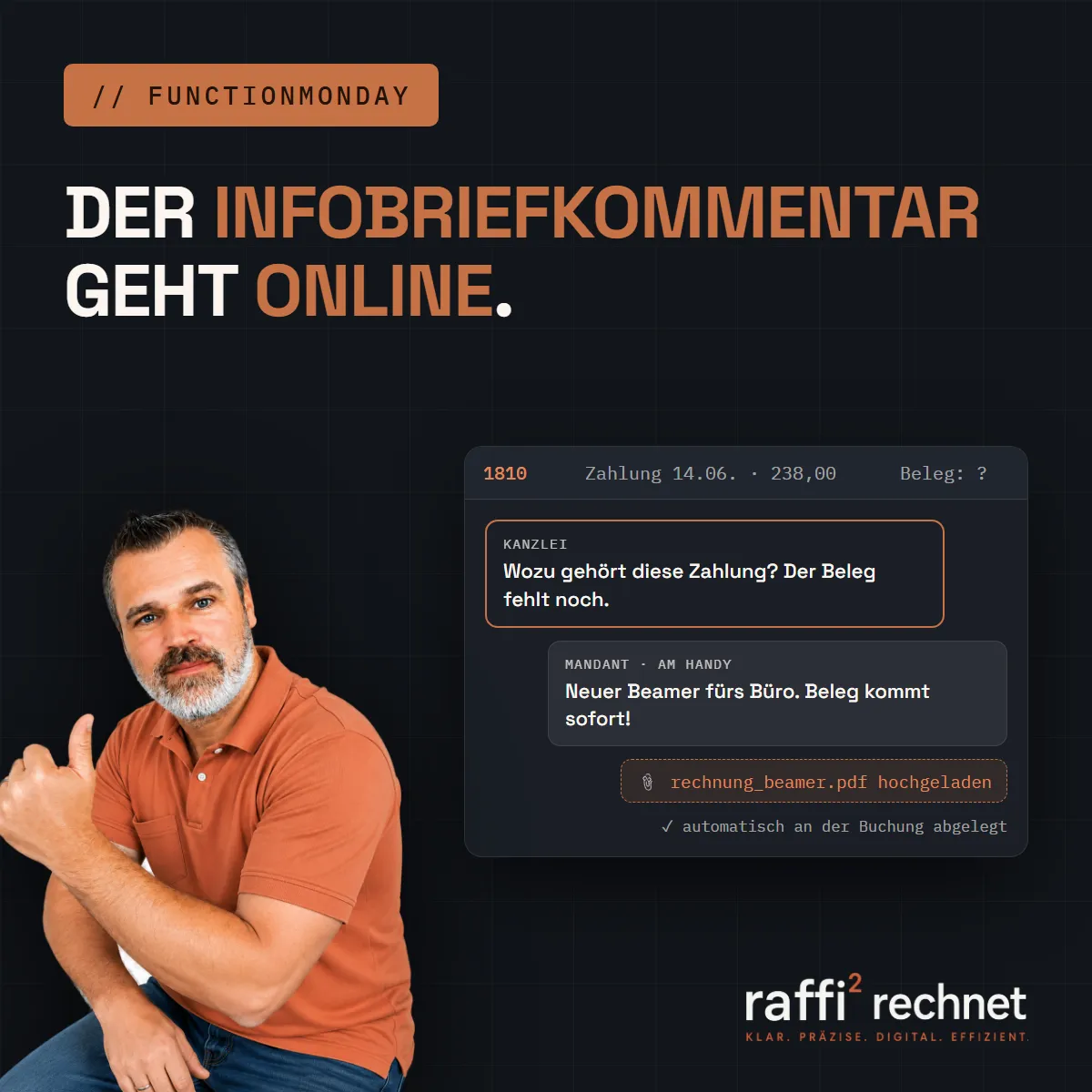 Der Infobriefkommentar online: Kanzlei-Frage, Mandanten-Antwort vom Handy und Beleg-Upload direkt an der Buchung