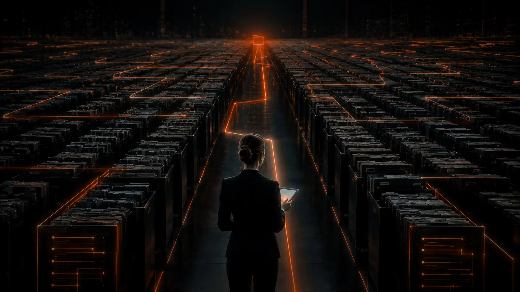 Person in einem riesigen kupferfarben illuminierten Konten-Archiv. Eine einzige helle kupferfarbene Linie zieht sich quer durch das endlose Reihen-Labyrinth zu einem zentralen Zielpunkt am Horizont. Symbolik für die Kontoverweis-Logik: aus tausenden Konten direkt das richtige finden, ohne langes Suchen.