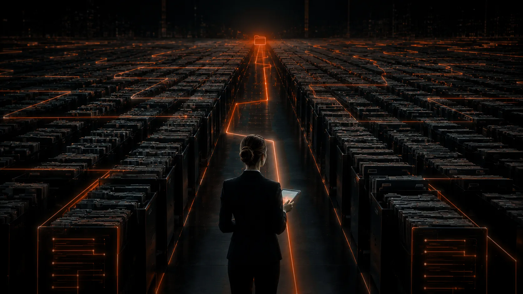 Person in einem riesigen kupferfarben illuminierten Konten-Archiv. Eine einzige helle kupferfarbene Linie zieht sich quer durch das endlose Reihen-Labyrinth zu einem zentralen Zielpunkt am Horizont. Symbolik für die Kontoverweis-Logik: aus tausenden Konten direkt das richtige finden, ohne langes Suchen.
