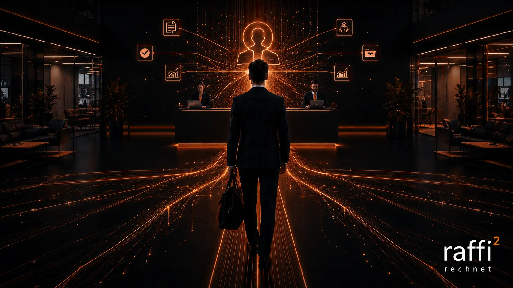 Geschäftsmann mit Aktentasche tritt in einen leuchtenden Empfangsbereich. Über dem Empfang schweben Onboarding-Icons (Checkliste, Charts, Personen-Symbol), aus dem Bodenbelag strömen kupferfarbene Datenbahnen in alle Richtungen. Symbolik für den Start eines strukturierten Mandanten-Onboarding-Prozesses.