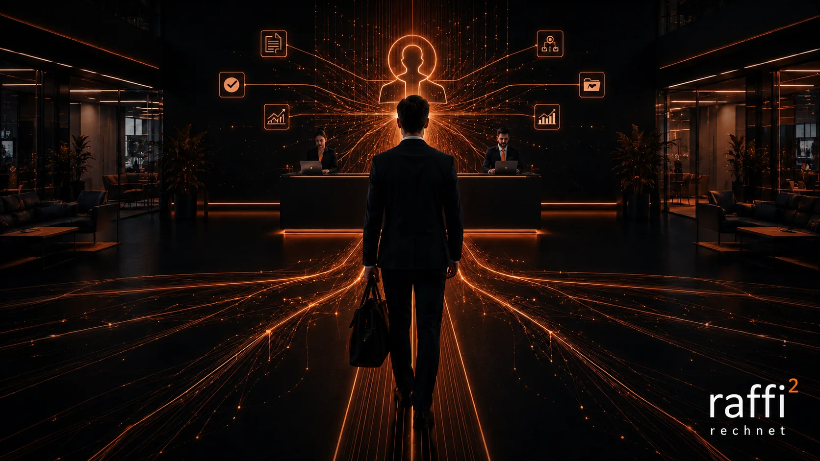 Geschäftsmann mit Aktentasche tritt in einen leuchtenden Empfangsbereich. Über dem Empfang schweben Onboarding-Icons (Checkliste, Charts, Personen-Symbol), aus dem Bodenbelag strömen kupferfarbene Datenbahnen in alle Richtungen. Symbolik für den Start eines strukturierten Mandanten-Onboarding-Prozesses.
