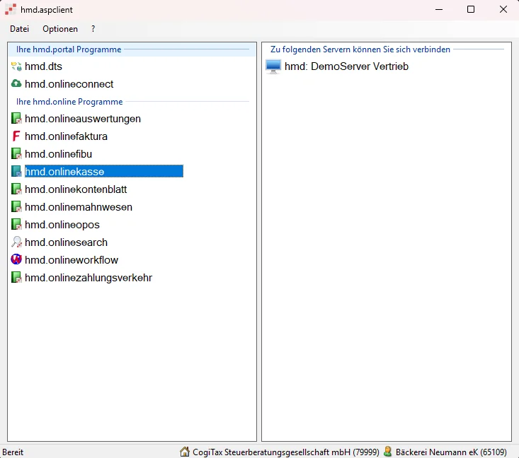 Screenshot des hmd.asp.client mit der Liste der verfügbaren Mandantenlösungen, hmd.onlinekasse ist hervorgehoben.