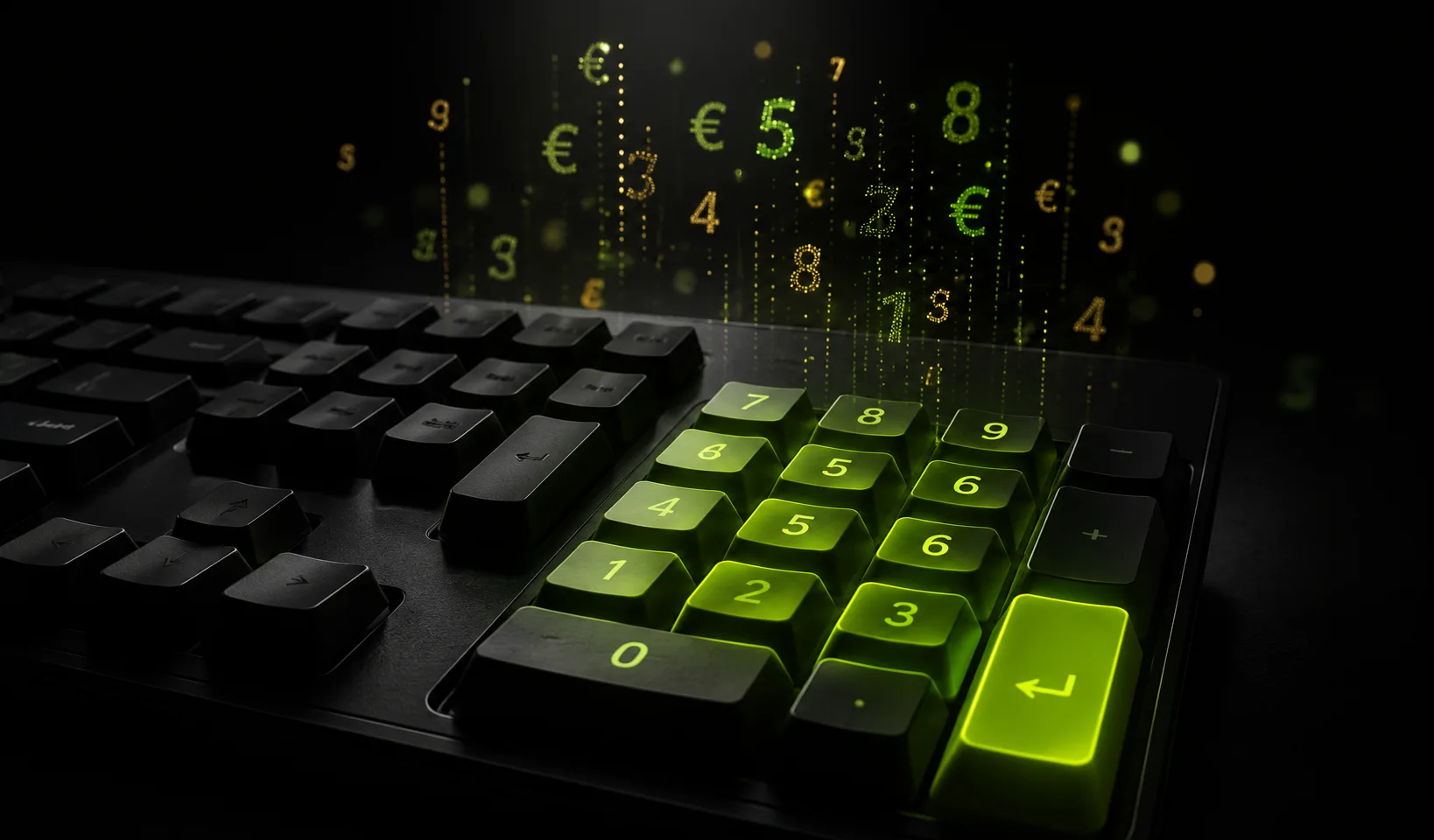 Tastatur-Numblock mit aufsteigenden, leuchtenden €-Symbolen und Ziffern in Lime und Gold, symbolisiert die schnelle Bargeld-Erfassung in der hmd.onlinekasse.