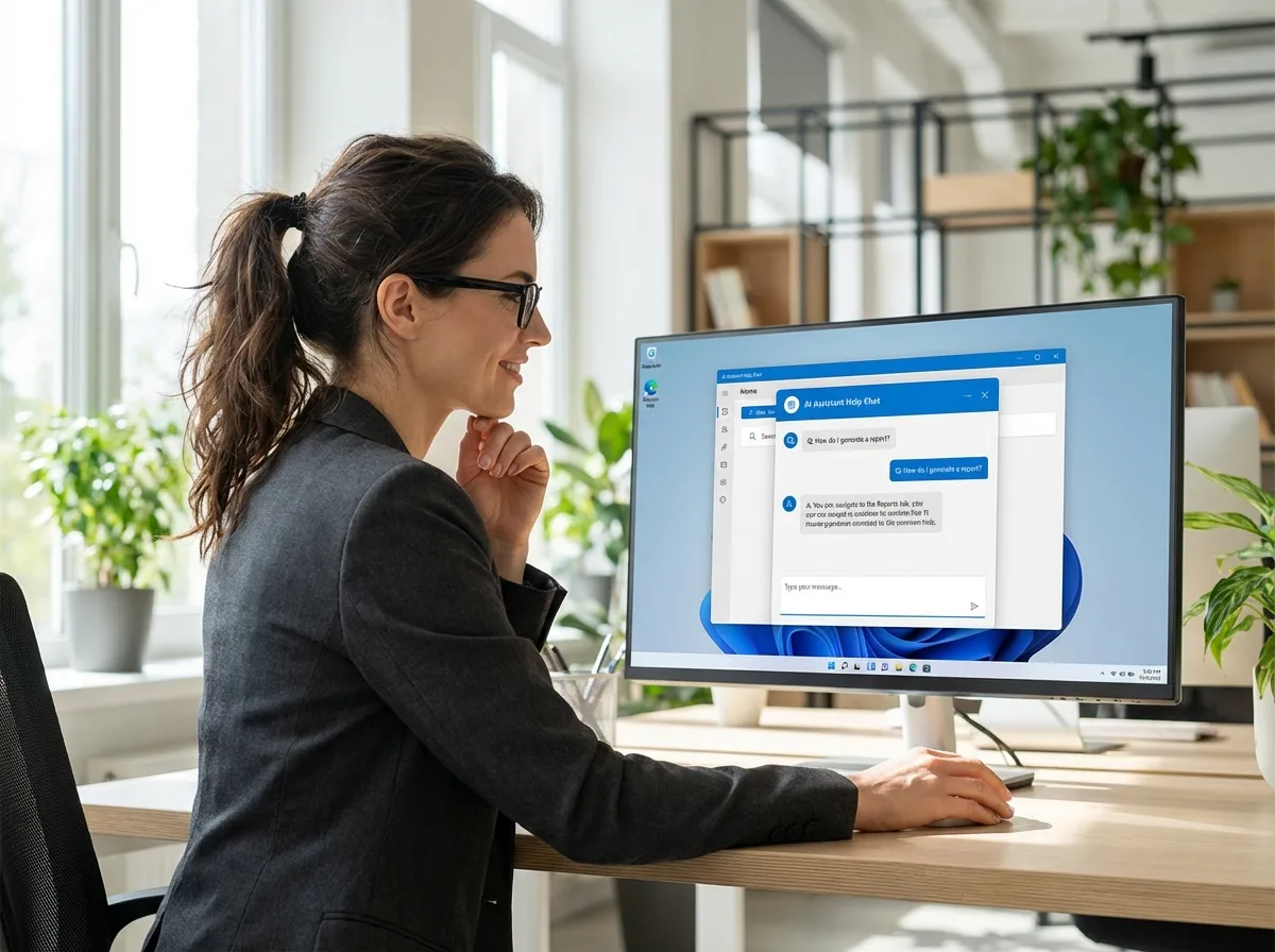 Frau am Arbeitsplatz mit modernem Monitor und KI-Chat – Digitalisierung im Büroalltag.