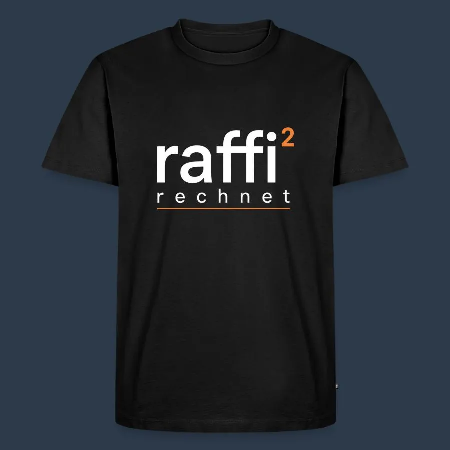 Schwarzes T-Shirt mit dem Logo raffi² rechnet in Weiß und Kupfer auf der Brust