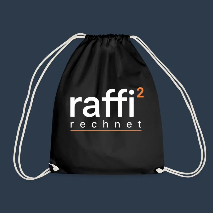 Schwarzer Turnbeutel mit dem Logo raffi² rechnet in Weiß und Kupfer