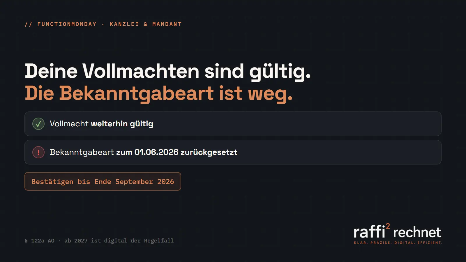 Eine Vollmachtskarte mit grünem Gültigkeitshaken, daneben ein leeres Feld für die Bekanntgabeart. Ein Kalenderblatt zeigt Ende September, dahinter ein Bescheid, der am vierten Tag als zugestellt gilt.