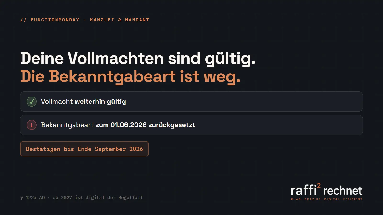Eine Vollmachtskarte mit grünem Gültigkeitshaken, daneben ein leeres Feld für die Bekanntgabeart. Ein Kalenderblatt zeigt Ende September, dahinter ein Bescheid, der am vierten Tag als zugestellt gilt.